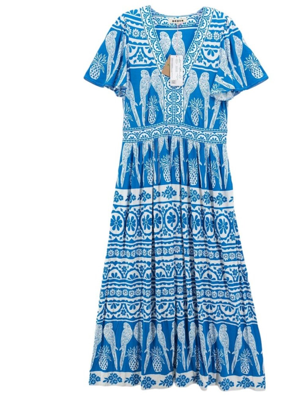 NWT BODEN Ellie Flutter Maxi Tea Dress Blue White Parrot Pineapple Print US 8 R